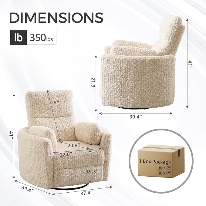 Power Swivel Glider Rocking Recliner Nursery Chair with 2 Pillows, Electric Rocker Reclining Chairs with Type-C & USB Charger Port for Living Room, High Back Barrel Armchair for Bedroom, Beige
