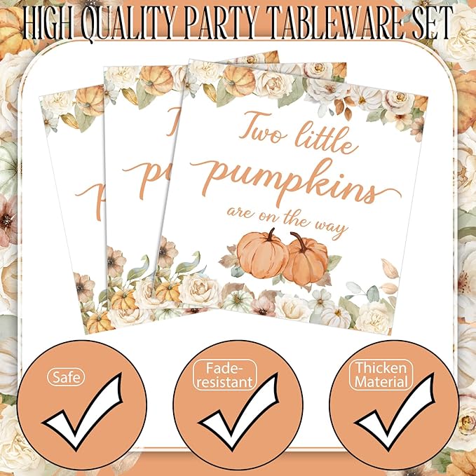 Zhehao 96 Pcs Twins Baby Shower Decoration Supplies Twins Cuties Baby Shower Tableware Set Eucalyptus Leaf Orange Strawberry Greenery Pumpkin Themed Plates Napkins Forks for 24 Guest (Pumpkin)