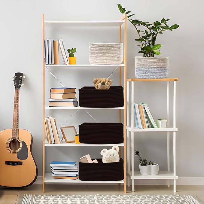 COMFY-HOMI 11.5"x7.5"x4.7" Storage Baskets for Organizing | Cotton Rope Woven Basket | Toy Storage Bin Box | Basket for Shelves, Closet Organizer Bin, Decorative Closet Shelf, 3 Pack, All Black