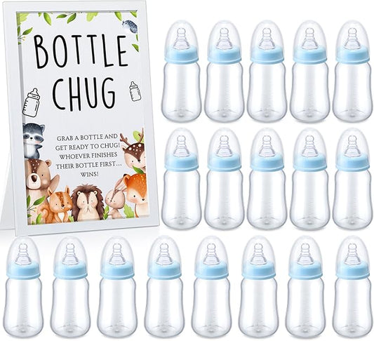 Roowest Bottle Chug Baby Shower Game Favors Including Woodland Animal Theme Wooden Sign and 18 Pcs Baby Bottles for Gender Reveal Party Supplies