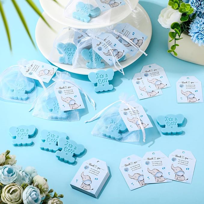 50 Sets Baby Shower Soap Favors for Guests Boy Girl Mini Handmade Scented Soaps with Thank You Tags and Organza Bags for Shower Gender Reveal Party Favors(It's A Boy,Blue Elephant)