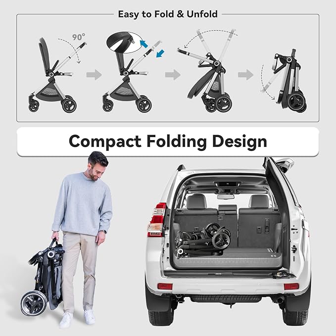 EMU Reversible Baby Stroller with Reversible Seat Full-Size Infant Stroller with Full Recline Cockpit Compact Foldable Pram Carriage for Outdoor City - Black