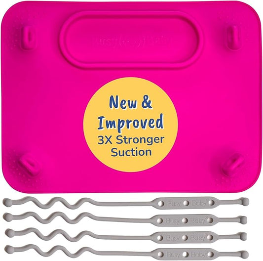 BUSY BABY Silicone Mat - New and Improved Suction Cups, 4 Straps to Secure Baby Essentials, Self Feeding, Baby Led Weaning, Travel Sleeve Included (Pink)