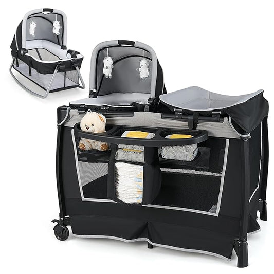 HONEY JOY Pack and Play, 5 in 1 Portable Infant Playpen with Bassinet & Changing Table, Storage Bag, Music Box, Toys, Carry Bag, Nursery Center, Baby Playard Pack n Play Crib for Boys Girls