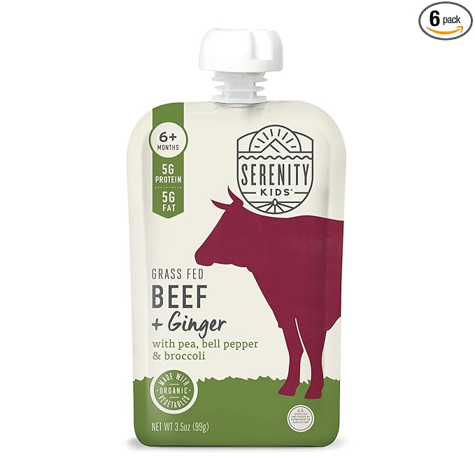 Serenity Kids 6+ Months Beef & Ginger Baby Food Puree Pouches - Grass Fed Beef & Organic Peas, Bell Pepper & Broccoli - No Added Sugar & BPA-Free Pouches - 3.5 Oz, 6 Pack