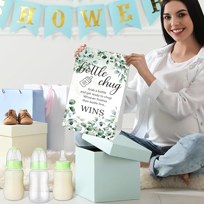 TrelaCo Bottle Chug Baby Shower Game 20 Pcs Baby Bottles Shower Favor with 1 Greenery Theme Sign for Gender Reveal Party Supplies Gifts(Green)