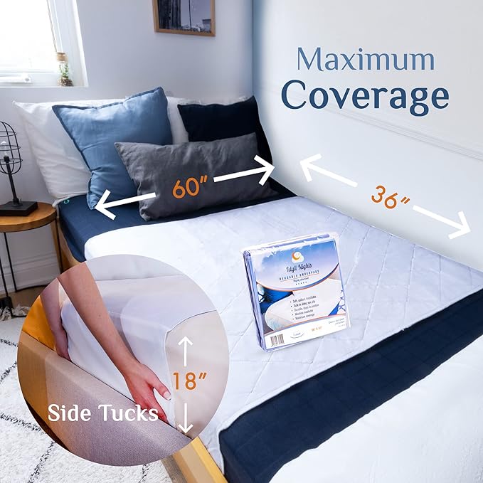 Washable Incontinence Bed Pad - Waterproof with Tuck-in-Sides – Leakage & Sweat Mattress Protector - Reusable Full/Queen 36x60 inch Bed Pad for Kids Adults and Pets