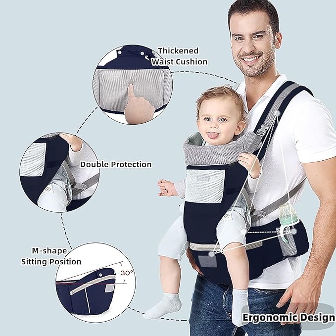 Baby Carrier Ergonomic Infant Carrier with Hip Seat Kangaroo Bag Soft Baby Carrier Newborn to Toddler 7-45lbs Front and Back Baby Holder Carrier for Men Dad Mom (Blue)