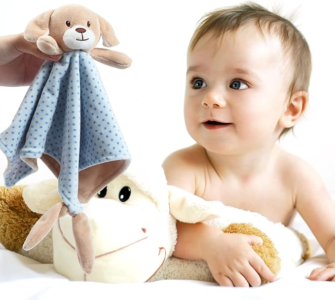 CREVENT Soft Plush Animal Face Security Blankets for Boys and Girls, Great Gifts for Birthday Baby Shower (Blue Dog + Tag)