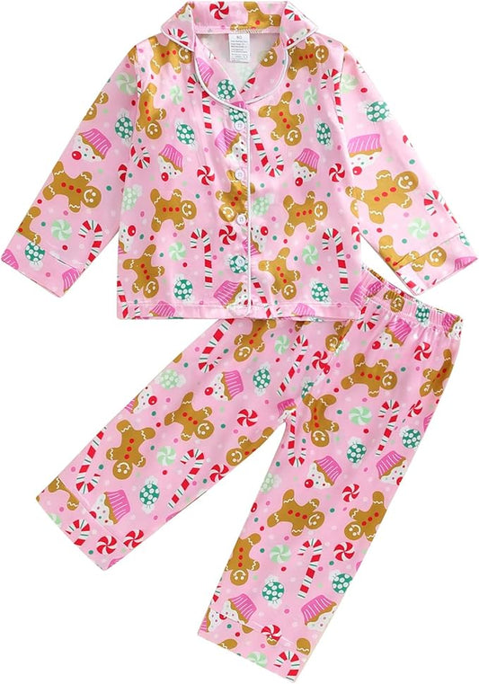 Toddler Kids Baby Girl Solid Pjs Ruffle Long Sleeve Button Shirt Top and Pants Cotton 2Piece Pajamas Set