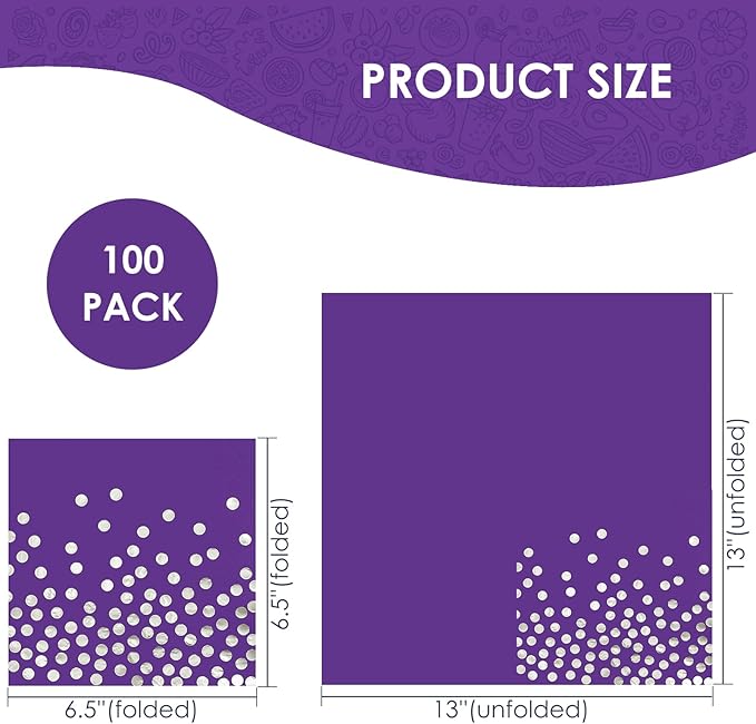 13 x 13 In Purple Cocktail Napkins,Purple and Silver Beverage Napkins,100 PCS Disposable Paper Napkins for Bar,Weddings,Birthday Party Supplies