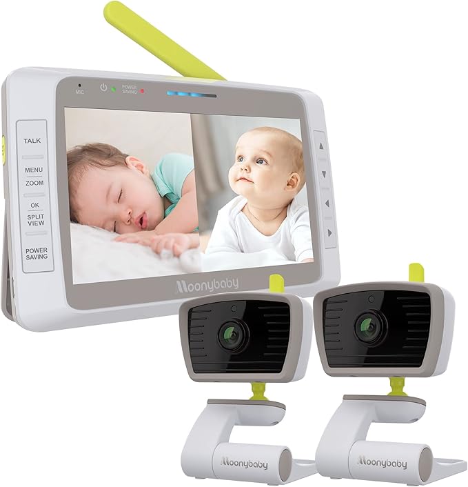 Low EMF 5" HD Auto Noise Reduce Baby Monitor with 2 Cameras.No WiFi Long Range, Split Screen, 2-Way Talk, Lullaby, Auto Night Vision Moonybaby Split50