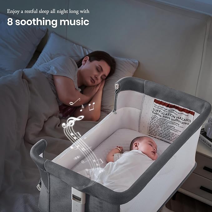 Rocking Bassinet for Baby Automatic Bedside Crib Electric Cradle 5 Heights Adjustable Bedside Sleeper for Babies Infant Smart Auto Rocking Crib 3 in 1 Bassinet on Wheels, Dark Grey