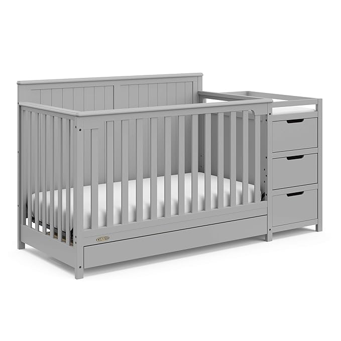 Graco Hadley All-in-One Convertible Crib & Changer (Pebble Gray) – GREENGUARD Gold Certified, Fits Standard Crib Mattress, Converts to Toddler Bed and Full Bed, 4 Adjustable Mattress Heights