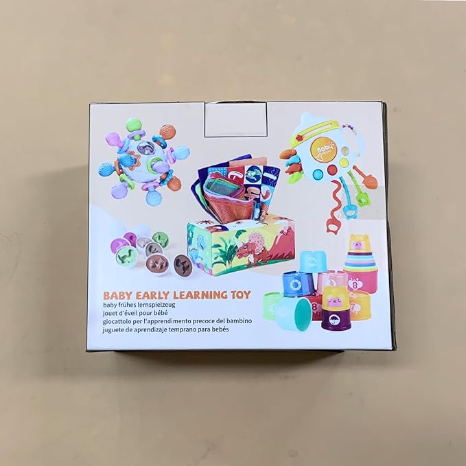 5 Pcs Baby Montessori Toys for 6 12 18 Months, Gift for 1 Year Old Boy Girl, Baby Tissue Box, Dino Matching Egg, Pull String Toy, Teething Toy, Stacking Cup