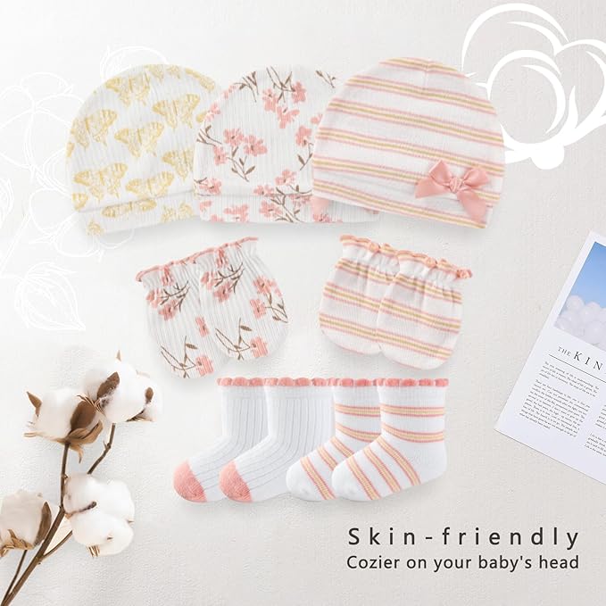 Baby Girls Boys Hats Mittens and Socks Set Cotton Infant Caps Newborn Soft Gloves 0-6 Months