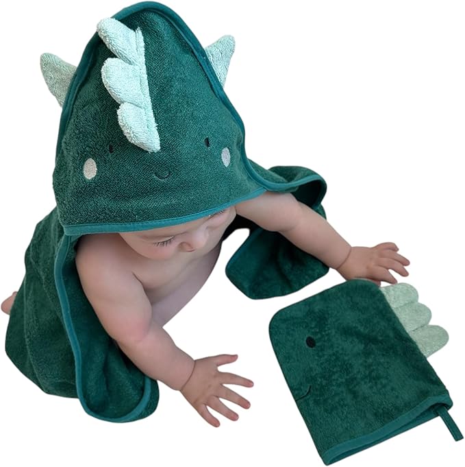 Hooded Baby Towel with Mitt - Ultra Soft Plush Bath Essential for Newborn, Infant & Toddler - Premium 30x30 Inch Large Absorbent Baby Bath Towels with Hood for Boys & Girls (Happy Dino)