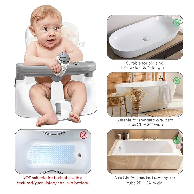 Baby Bath Seat with Sitting & Lying 2 Modes, 3-Speed Adjustment, Powerful Suction Cups, Infant Bathtub Chair with Washable Pillow, Folding and Hanging