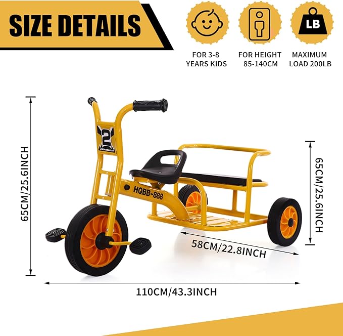 Kids Tricycle for Riders Ages 3-5 Preschool Playground Kids Tricycles, Daycare Toddler Tandem Trike，Children Tandem Bike, Outdoor Playground Equipment Trike