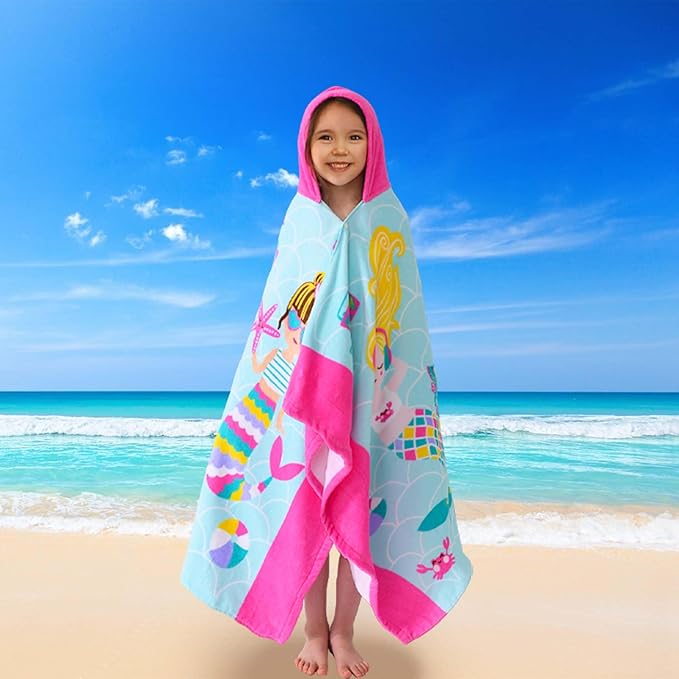 VOOVA & MOVAS Kids Hooded Beach Towel Age 3-10, 30''X50,Soft | Thick | Large | 100% Cotton,Absorbent Beach, Bath, Pool Towels Wrap for Girls, Sea Mermaid