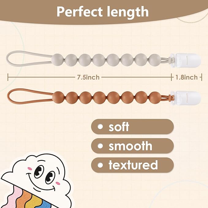 6-Pack Silicone Pacifier Clips for Baby Boys and Girls - One-Piece Beads, Rust-Free Holders, Teething Relief, Baby Necessities, Newborn Safe Baby Essentials