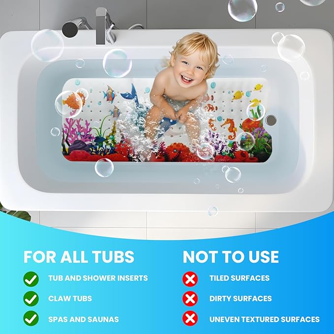 Linoows Baby Bath Tub Mat, 40 x 16 Inch Extra Large Non Slip Kids Cartoon Bathtub Shower Mats with Suction Cups & Drain Holes, Machine Washable for Bathroom, Undersea Blue Whale