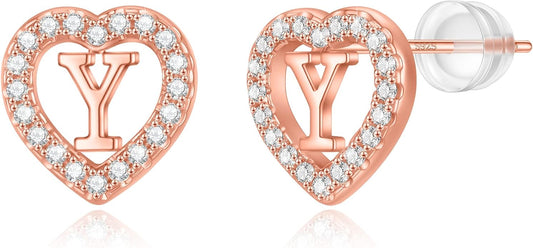 Initial Heart Earrings for Girls, Sterling Silver Post Silver/Rose Gold Heart Initial Stud Earrings for Little Girls Kids Baby Earrings Non Tarnish Hypoallergenic Earrings for Teen Girls Gifts Jewelry