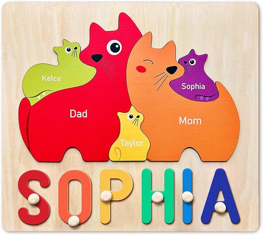 Name Puzzles for Kids Personalized Wooden Name Puzzles for Toddlers 1-3, Personalized Puzzle Cat Family Puzzle for Home Decor, First Birthday Gifts for Boys Girls, Personalized Gifts for Mom Dad Kids