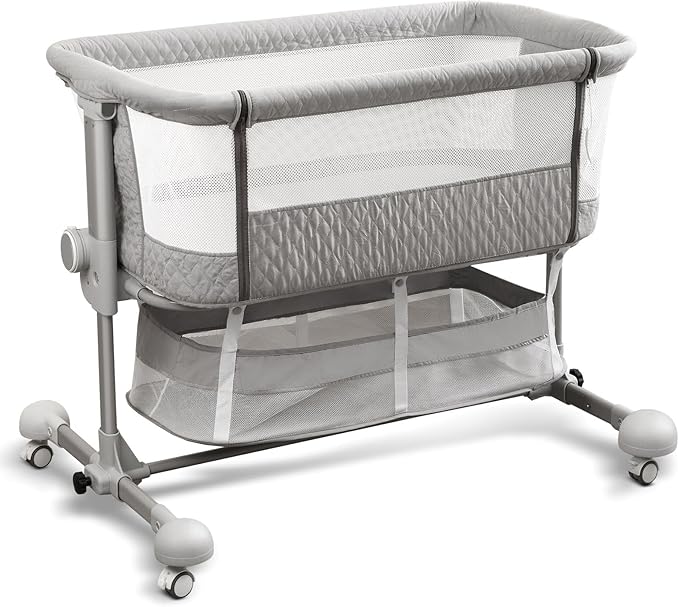 SUNVENO Baby Bassinet, Bedside Sleeper for Baby Easy Folding Portable Crib for Newborn Infant with Detachable Mattress, Straps, Height Angle Adjustable, Breathable Mesh, Grey
