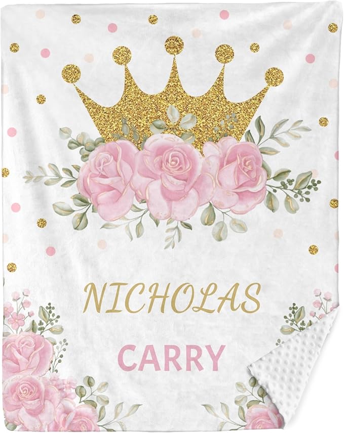 Personalized Baby Blanket for Girls Floral Crown Custom Baby Blankets with Name Dotted Backing Customized Gifts for New Mom Customize Baby Blanket for Kids Newborn Birthday