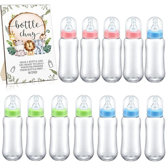Roowest Bottle Chug Baby Shower Game Favors 12 Pcs Baby Bottles Shower Favor with 1 Wooden Sign for Gender Reveal Party Supplies Gifts(Animals)