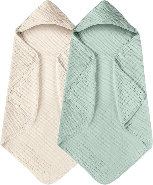 Yoofoss Hooded Baby Towels for Newborn 2 Pack 100% Muslin Cotton Baby Bath Towel with Hood for Babies, Infant, Toddler and Kids, Large 32x32Inch, Soft and Absorbent Newborn Essential
