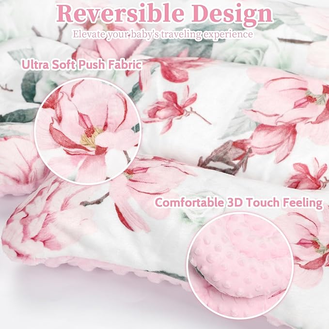 Pea Pod Infant Car Seat Insert with 3 Strap Covers, 3 in 1 Reversible Flower Baby Car Seat Head Support for Newborn, 3D Soft Minky Carseat Cushion for Preemie to Infant, Stroller, Swing, Bouncer