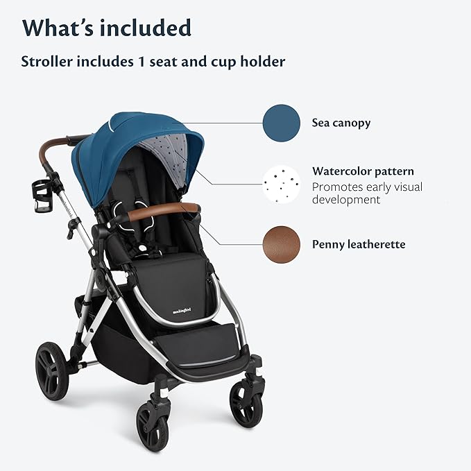 Mockingbird Single-to-Double Stroller 2.0 - Modular Full-Size Baby Stroller for 1, 2 or 3 Kids - Includes Cup Holder - Sea