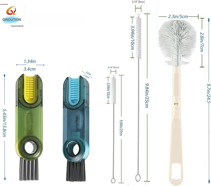 3 in 1 Cup lid Cleaning Brush Set,Straw 25 cm/9.8 inch Cleaner Brush, Long Bottle Brush,Water Bottle Cleaning kit,Multifunctional Cleaning Brush,Bottle and Straw Brush Cleaning(Black-Green(Two)