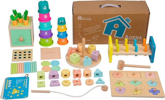 Adena Montessori Play Kit for 13-18 Month Baby,8 in 1 Toy,Colorful Stacking&Nesting Cup,Coin Bank,Coins,Carrots Lid,Carrots,Posting Lid,Flexble Stacker,Bead Kit,Shape Puzzle,Pound&Tap Hammer Bench