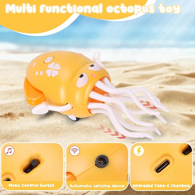 Dancing Octopus Baby Toy, Tummy Time Toys, with Music and Led Light, Automatically Avoids Obstacles, Crawling Toy Suitable for Birthday Gifts for Toddlers Over One Month Old(Yellow)