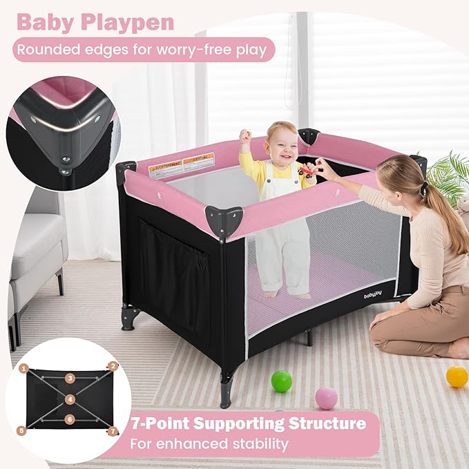 BABY JOY 3 in 1 Pink Pack and Play, Travel Baby Crib Bassinet Bed with Bassinet for Girl, Changing Table w/Safety Belt, Toy Bar, Lockable Wheels, Portable Baby Playard from Newborn to Toddler