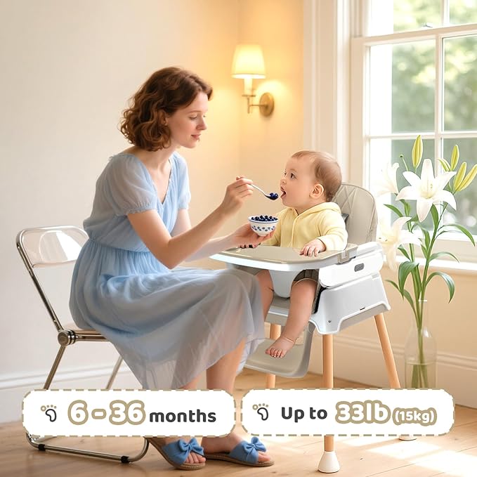 JOYMOR 5 in 1 Baby High Chair for Babies and Toddlers, Portable Highchair Fold Compact, ConvertibleBaby Feeding Chair Booster for Eating with Detachable Double Tray, 5 Point Harness (Beige)