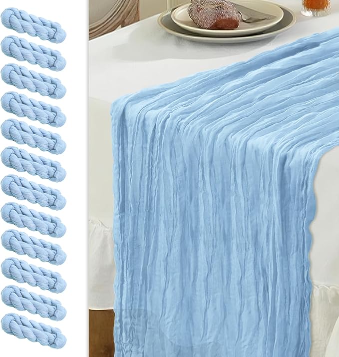 Le courant 12pcs 10Ft Cheesecloth Table Runner, Rustic Boho Gauze Cheese Cloth Runner Table Runner for Weddings Bridal Baby Shower Birthday Holiday Parties Home Decor, Baby Blue