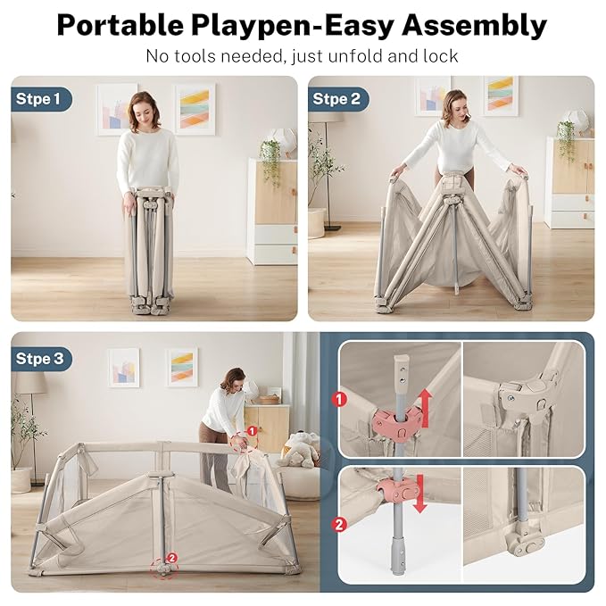 Baby Playpen Portable, Pre-Assembled Play Pen 71x79 Large Foldable Playpen for Babies and Toddlers, Sturdy and Safe Toddler Play Yard Indoor Outdoor with Carry Bag, Light Khaki