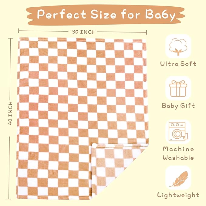 Yurhap Checkered Baby Blanket Fleece Baby Blankets Neutral for Boys Girls, Super Soft Warm Lightweight Infant Toddler Newborn Receiving Blankets for Crib Stroller, 30''x40'', Khaki