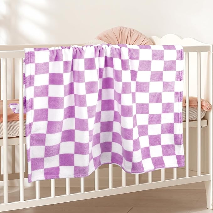 Plush Checkered Baby Blanket for Boys Girls Nursery, 30"*40" Warm Short Fleece Blanket Neutral for Infant Newborn, Small Fuzzy for Sleeping, Chenille or Stroller (Purple&White)