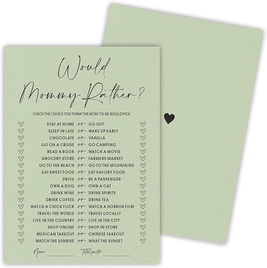 30 Pcs Minimalist Green Baby Shower Game Cards, Would Mommy Rather Game, Baby Shower Games To Play With Family And Friends, Baby Announcement, Gender Reveal Party Supplies - A06