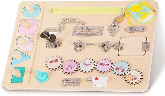 Toddler Wooden Busy Board, Montessori Activity Pad for Kids, Sensory Fidget Board for Children, Preschool Educational Activities Pad Toy.
