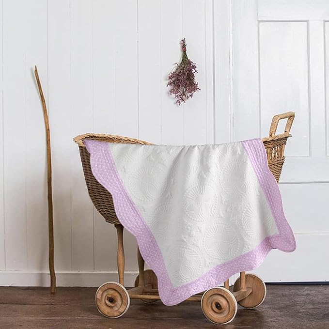 MONOBLANKS Baby Quilt Personlized Monogram Lightweight Embossed Scalloped Throw Blanket Four Seasons (Pink Polka Dots)