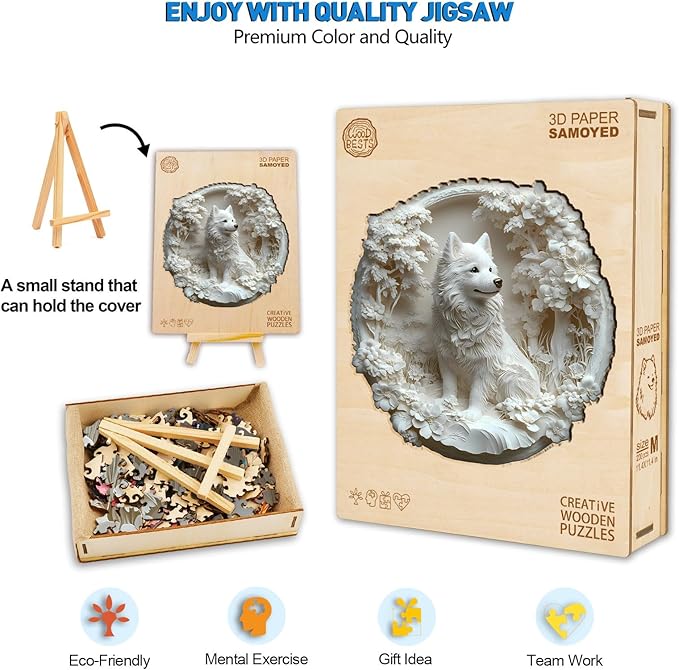 Wooden Puzzles for Adults, Wooden Samoyed Puzzles with 3D Visual Effect, Birthday Christmas Puzzle Gifts for Women Men, Wood Adult Puzzles (L-13.4 * 13.3in 295pcs)