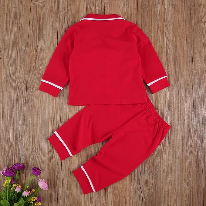 Toddler Kids Baby Girl Solid Pjs Ruffle Long Sleeve Button Shirt Top and Pants Cotton 2Piece Pajamas Set