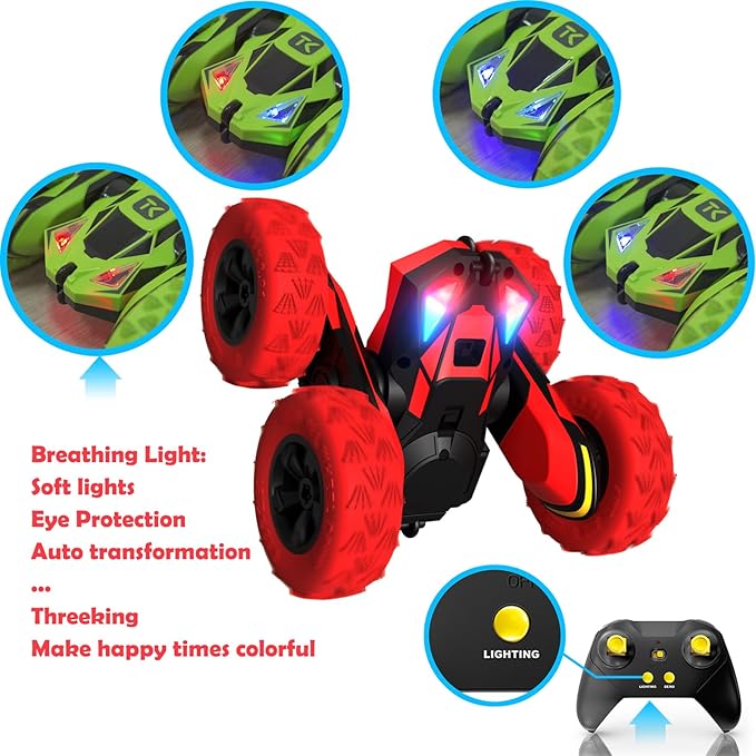 Threeking RC Stunt Car Remote Control Cars with Lights Double-Sided Driving Indoor Outdoor Toys Gifts Presents for 6 7 8 9 10 11 12 Year Old Kids Boys Girls