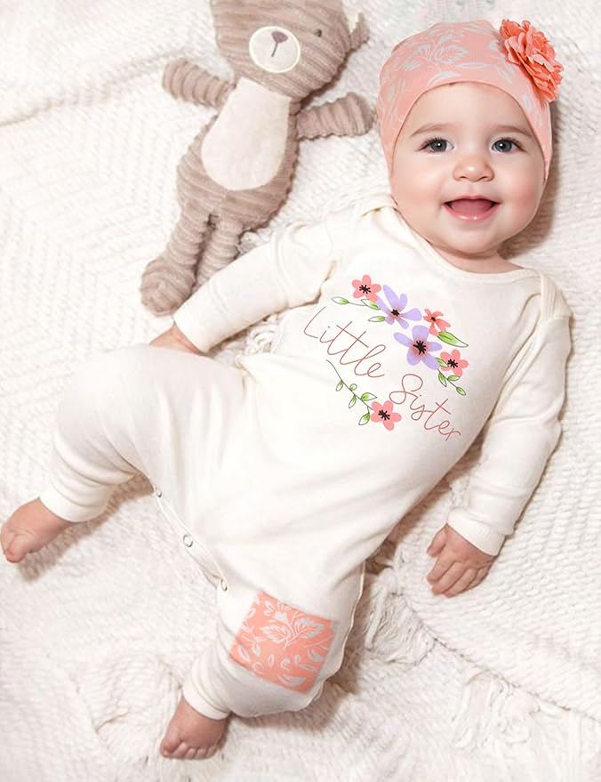 Baby Girl Clothes Patter&Letter Baby Girl Romper with Bow Hat&Headband and Gloves 4Pcs Baby Girl Coming Home Outfit